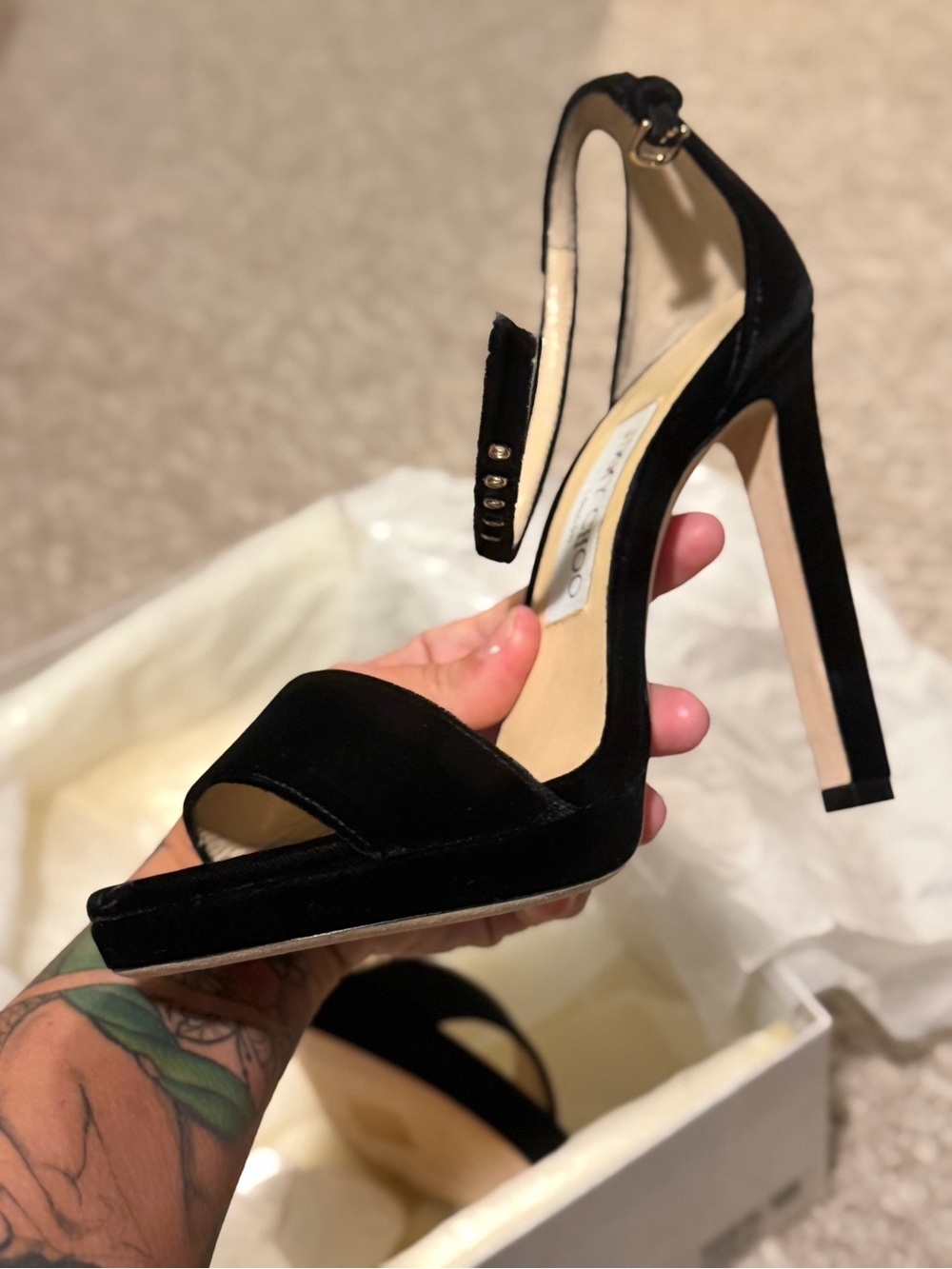 Jimmy Choo Black Velvet Stiletto Heel Sandals